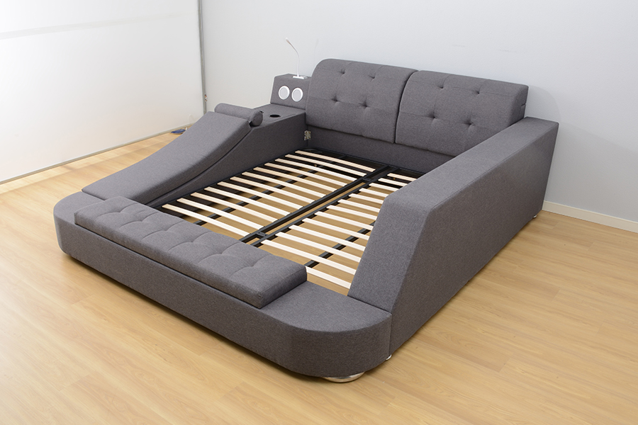 1550 Cainteoir Bluetooth Fráma Leaba Comhtháite Fóillíochta Upholstered