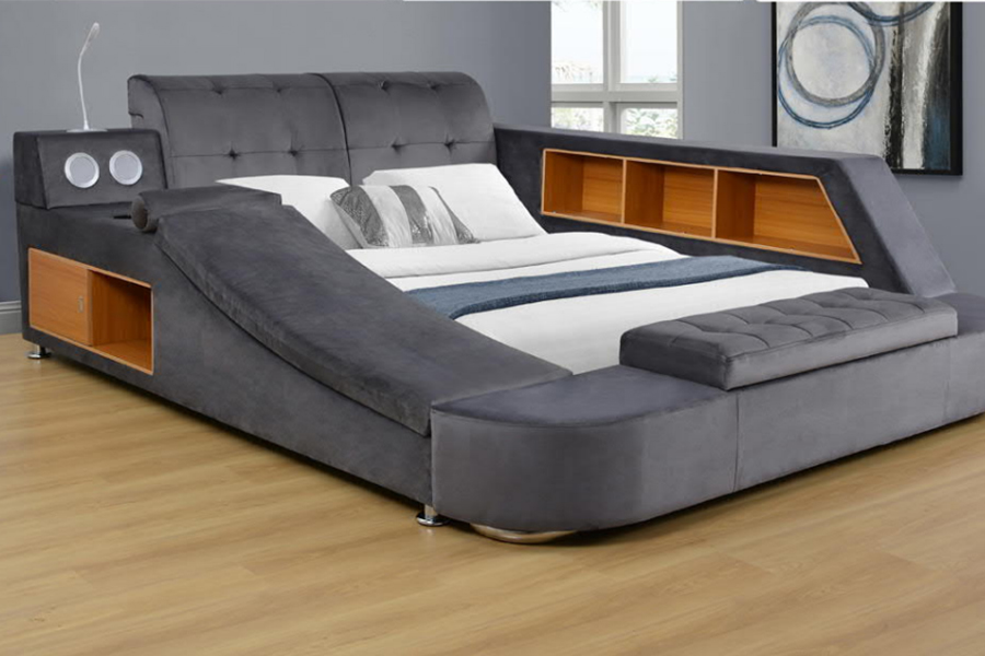 1550 Cainteoir Bluetooth Fráma Leaba Comhtháite Fóillíochta Upholstered