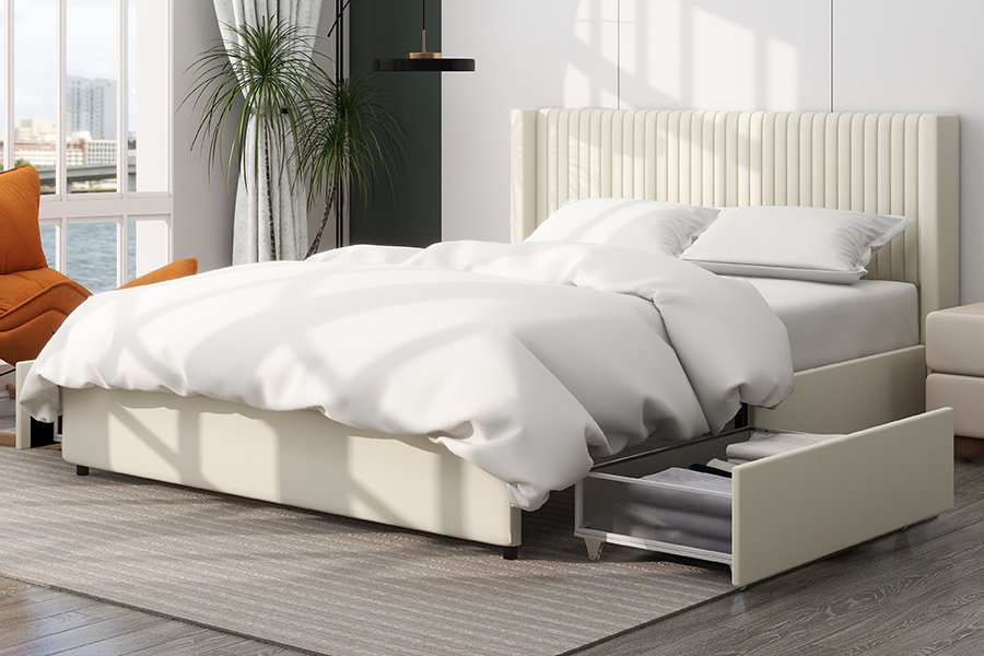 Fráma Leaba Stórála Cuasaithe Leaba Bog Inchoigeartaithe N18 Beige Nua-Aimseartha
