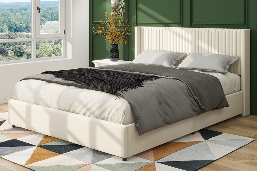 Fráma Leaba Stórála Cuasaithe Leaba Bog Inchoigeartaithe N18 Beige Nua-Aimseartha