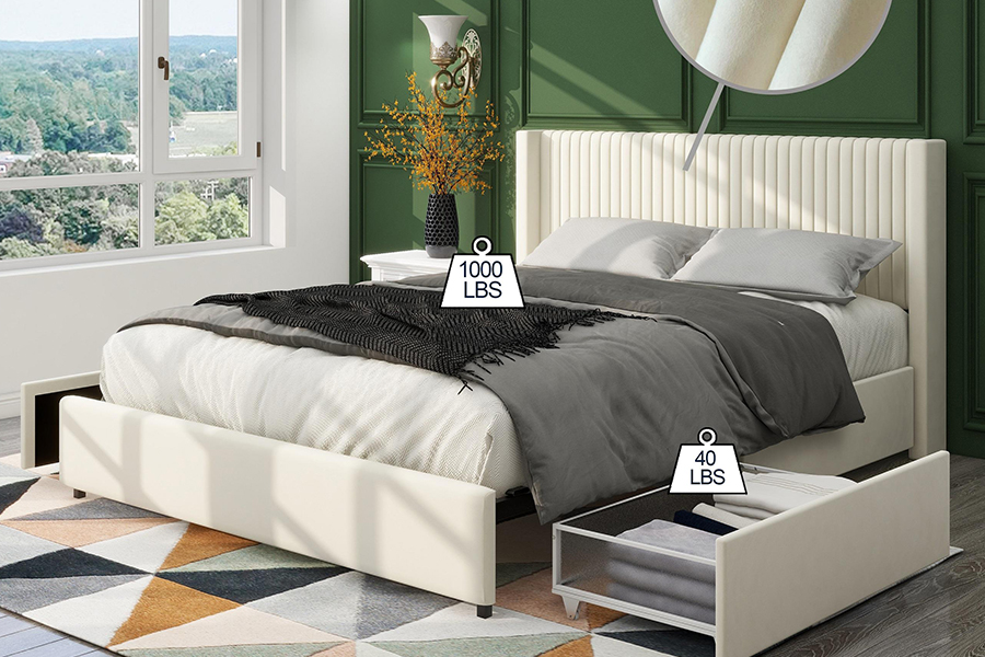 Fráma Leaba Stórála Cuasaithe Leaba Bog Inchoigeartaithe N18 Beige Nua-Aimseartha