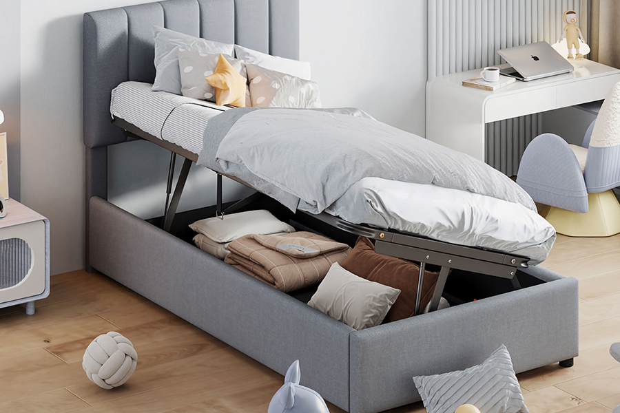 N16 Fabraic Liath Nua-Aimseartha Feidhm stórála in-ardaithe Fráma Leaba Stórála Upholstered