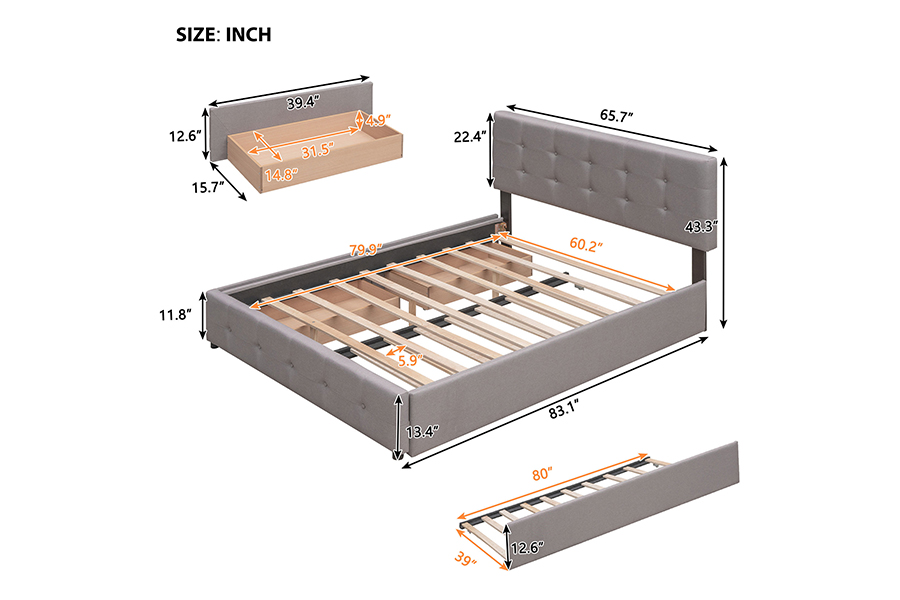 N15 Fráma Inchoigeartaithe Trundle Dúbailte Trundle Bunk Leaba Upholstered