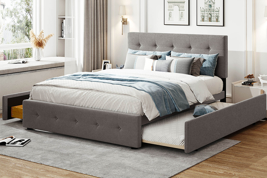N15 Fráma Inchoigeartaithe Trundle Dúbailte Trundle Bunk Leaba Upholstered