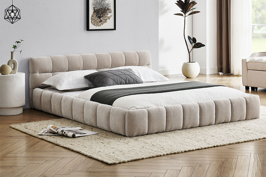 N11 Dearadh nua-aimseartha cearnach Fráma Leaba Upholstered Compordach agus inchoigeartaithe