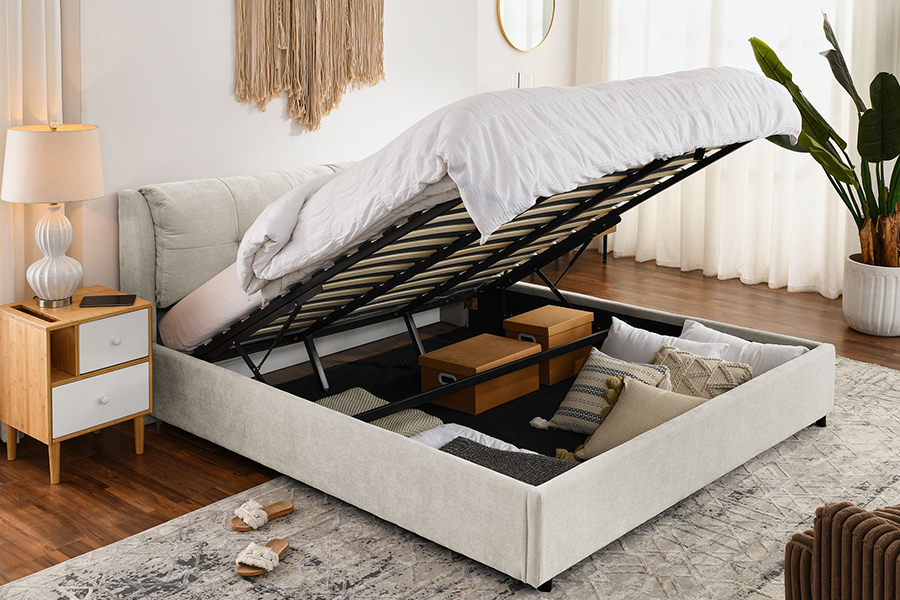 N10 Fráma Leaba Stórála Upholstered atá neamhdhíobhálach don chomhshaol agus durable