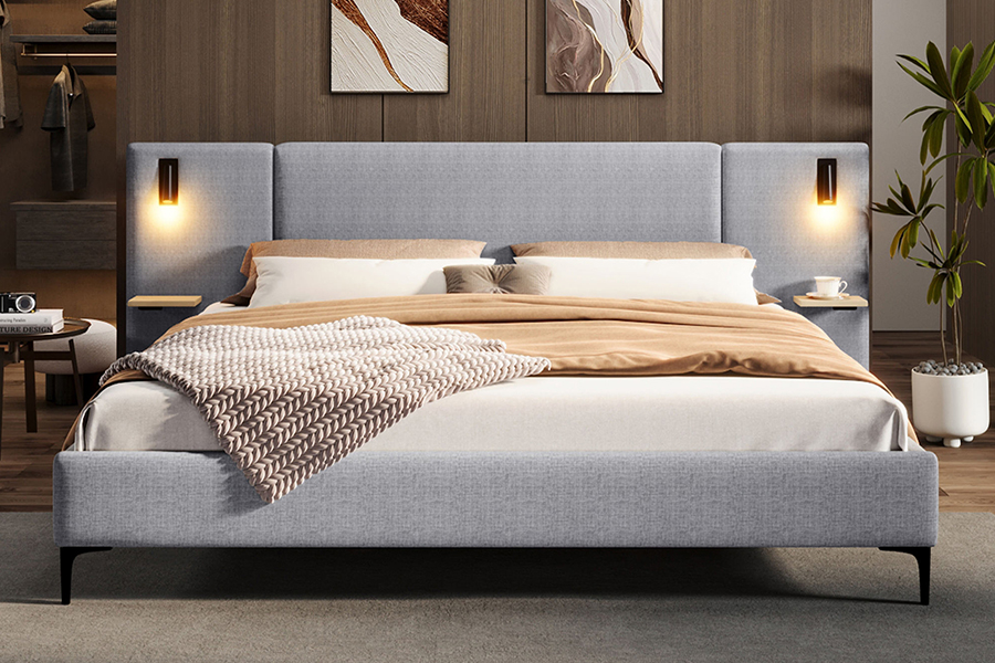 N1 Fabraic Durable Dark Grey Slat Sturdy Faoi stiúir Fráma Leaba Upholstered