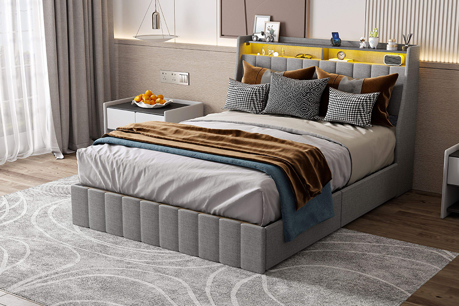 Leaba Fabraic Liath N2 Ábhair Éicea-Cháirdiúil Faoi stiúir Fráma Leaba Upholstered