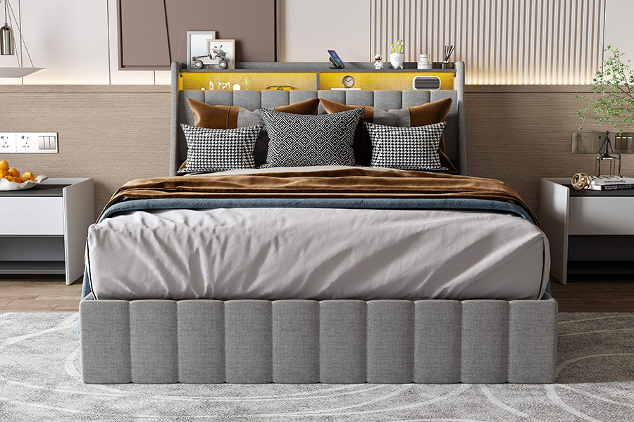 Leaba Fabraic Liath N2 Ábhair Éicea-Cháirdiúil Faoi stiúir Fráma Leaba Upholstered