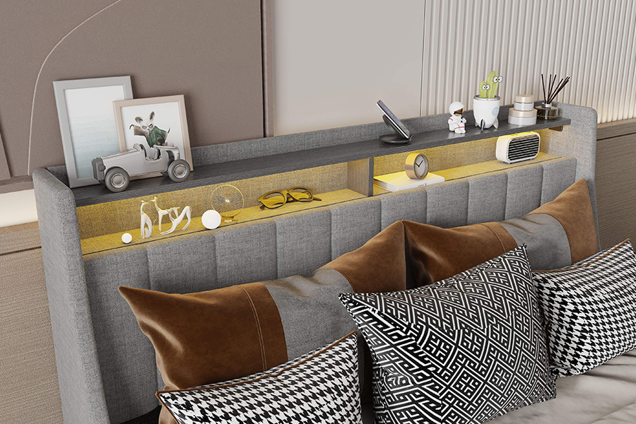 Leaba Fabraic Liath N2 Ábhair Éicea-Cháirdiúil Faoi stiúir Fráma Leaba Upholstered