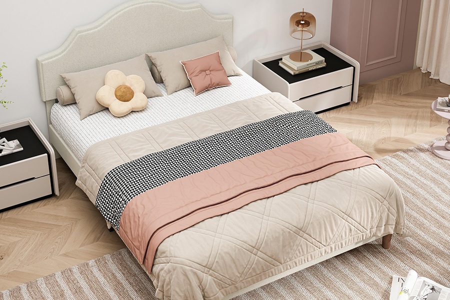 N21 Ardchaighdeáin Beige Fabraic Méid na Banríona Leaba Upholstered