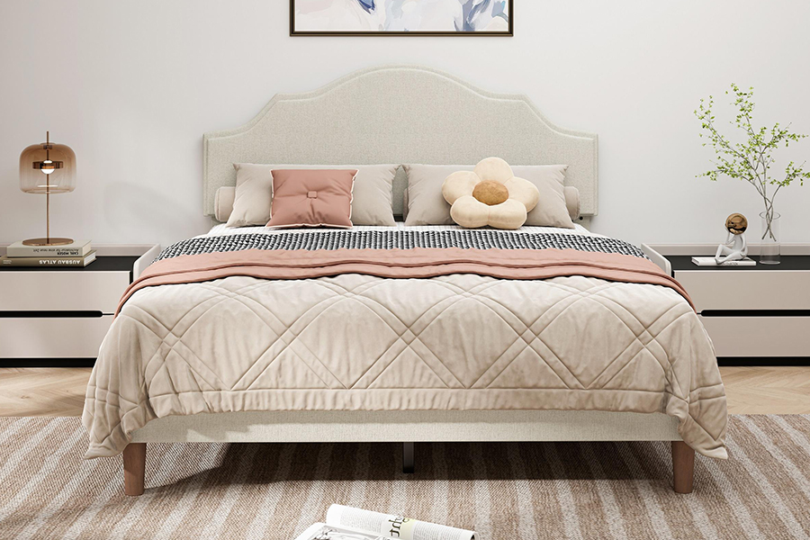 N21 Ardchaighdeáin Beige Fabraic Méid na Banríona Leaba Upholstered