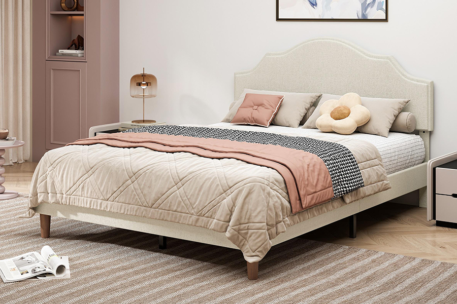 N21 Ardchaighdeáin Beige Fabraic Méid na Banríona Leaba Upholstered