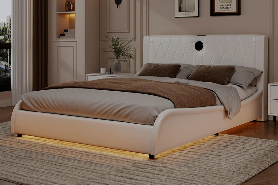 Leaba Ardán N8 Inchoigeartaithe Leaba Bog Nua-Aimseartha Bán Faoi stiúir Fráma Leaba Upholstered