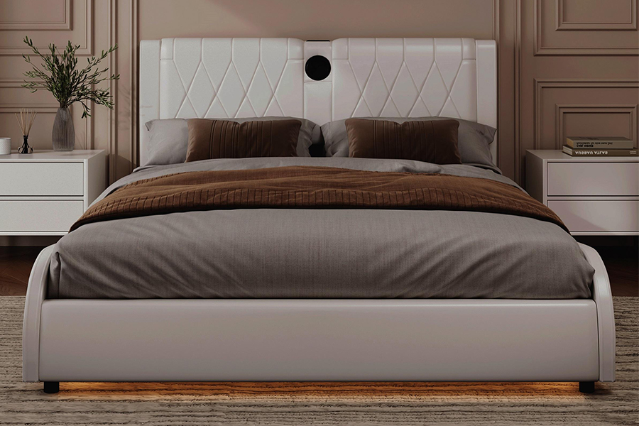 Leaba Ardán N8 Inchoigeartaithe Leaba Bog Nua-Aimseartha Bán Faoi stiúir Fráma Leaba Upholstered
