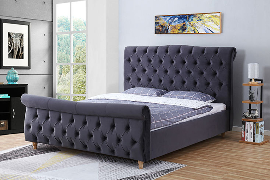 1304 Leaba Upholstered Fráma Adhmaid Leaba Upholstered Fabraic Velvet