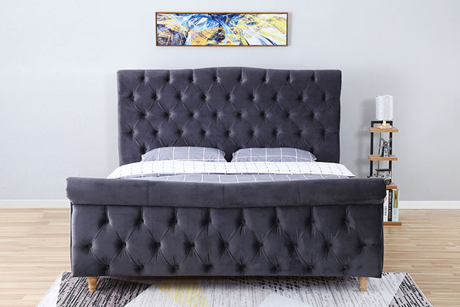 1304 Leaba Upholstered Fráma Adhmaid Leaba Upholstered Fabraic Velvet