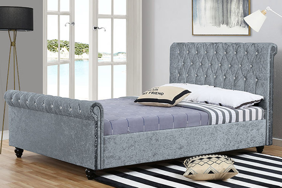 1366 Leaba Sleigh Nua-Aimseartha Fabraic Velvet Leaba Upholstered