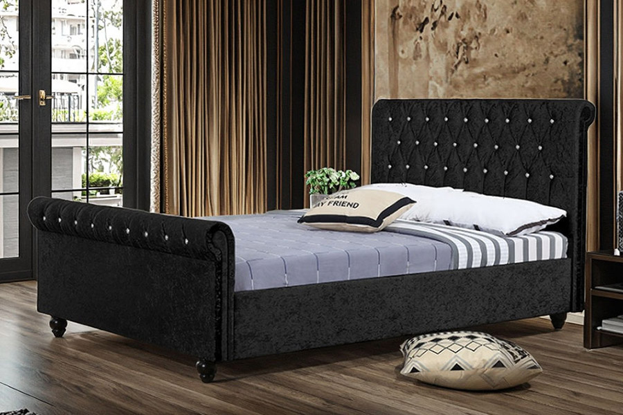 1366 Leaba Sleigh Nua-Aimseartha Fabraic Velvet Leaba Upholstered