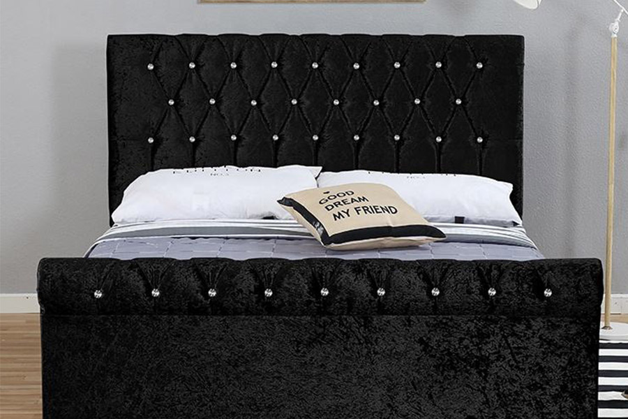 1366 Leaba Sleigh Nua-Aimseartha Fabraic Velvet Leaba Upholstered
