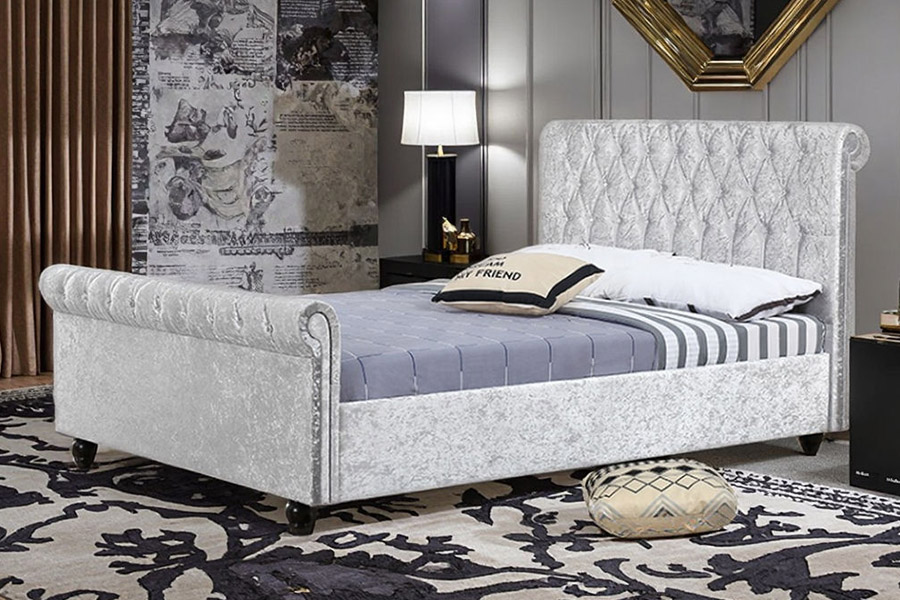 1366 Leaba Sleigh Nua-Aimseartha Fabraic Velvet Leaba Upholstered