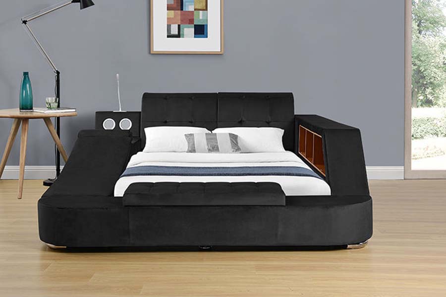 1550 Leaba Fabraic Dúbailte Nua-Aimseartha Fráma Leaba Stórála Upholstered