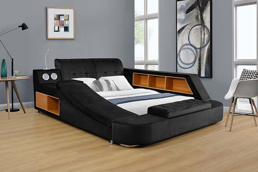 1550 Leaba Fabraic Dúbailte Nua-Aimseartha Fráma Leaba Stórála Upholstered