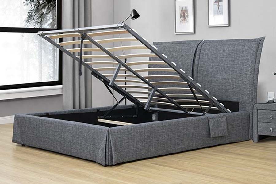 1530 Leapacha Upholstered Fabraic Línéadaigh Fráma Leaba Stórála Upholstered