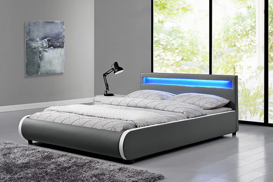 1125-1 Leaba Dúbailte Leathar PU Adhmad Soladach Upholstered