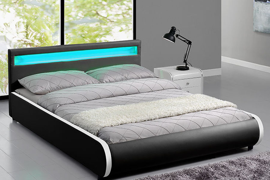 1125-1 Leaba Dúbailte Leathar PU Adhmad Soladach Upholstered