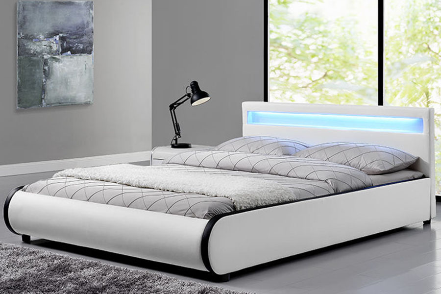 1125-1 Leaba Dúbailte Leathar PU Adhmad Soladach Upholstered