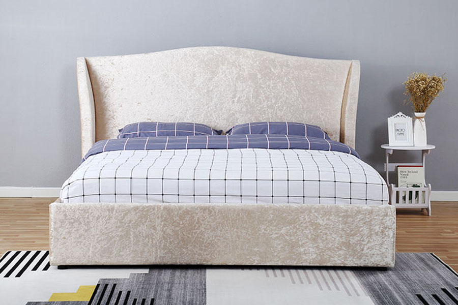 1320G Champagne-Velvet Oisrí-Críochnaigh Ottoman Fráma Leaba Stórála Upholstered