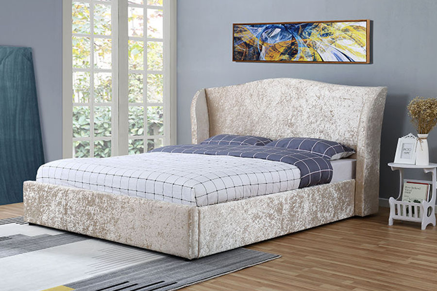 1320G Champagne-Velvet Oisrí-Críochnaigh Ottoman Fráma Leaba Stórála Upholstered