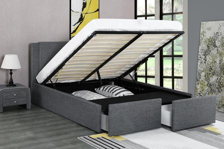 1311DG ​​Gáis-Ardaitheoir Dhá-Drawer Fabraic Stóráil Adhmaid Fráma Leaba Upholstered