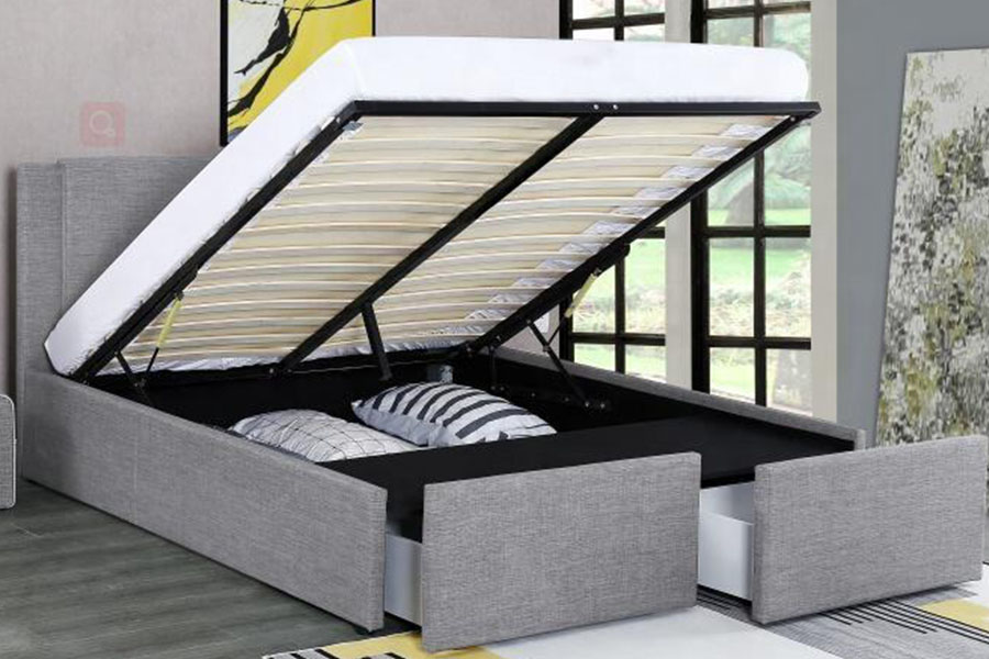 1311DG ​​Gáis-Ardaitheoir Dhá-Drawer Fabraic Stóráil Adhmaid Fráma Leaba Upholstered