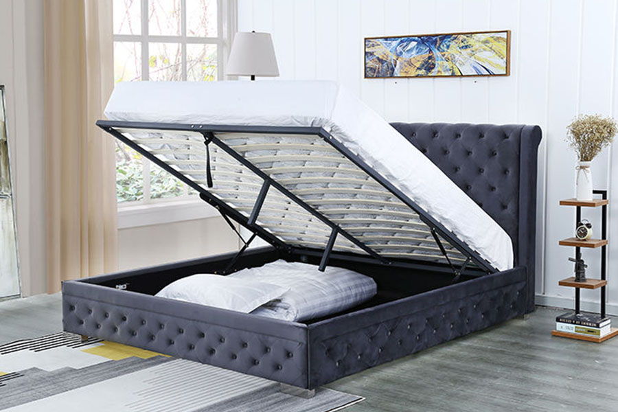 Fráma Leaba Stórála Uasteorainneacha 1293G Plush-Velvet Soladach-Wood Ottoman