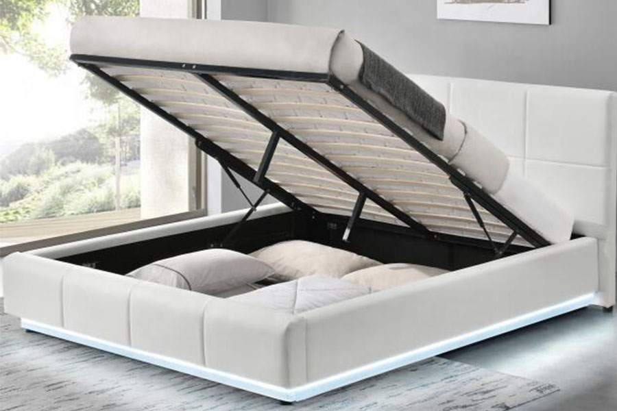 1239-1G Bán Faux-Leathar Ottoman LED Fráma Leaba Dúbailte Upholstered