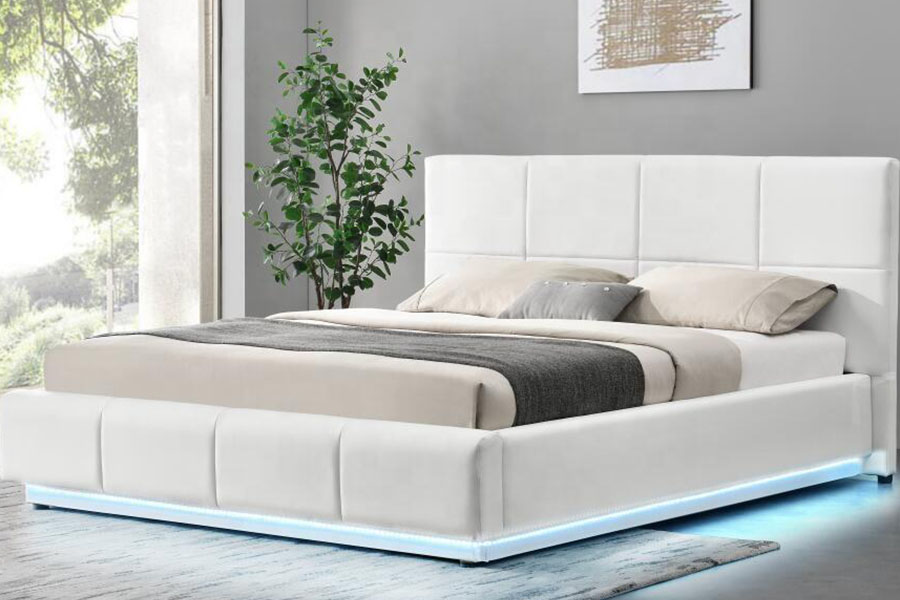 1239-1G Bán Faux-Leathar Ottoman LED Fráma Leaba Dúbailte Upholstered